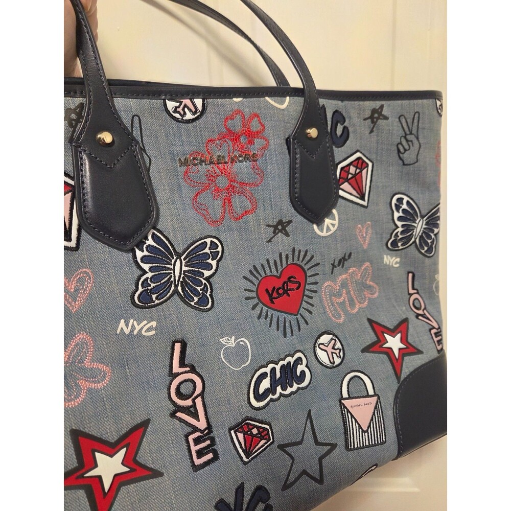 Michael Kors Large Denim Blue Eva Denim Tote Purse Graffiti Bag immaculate